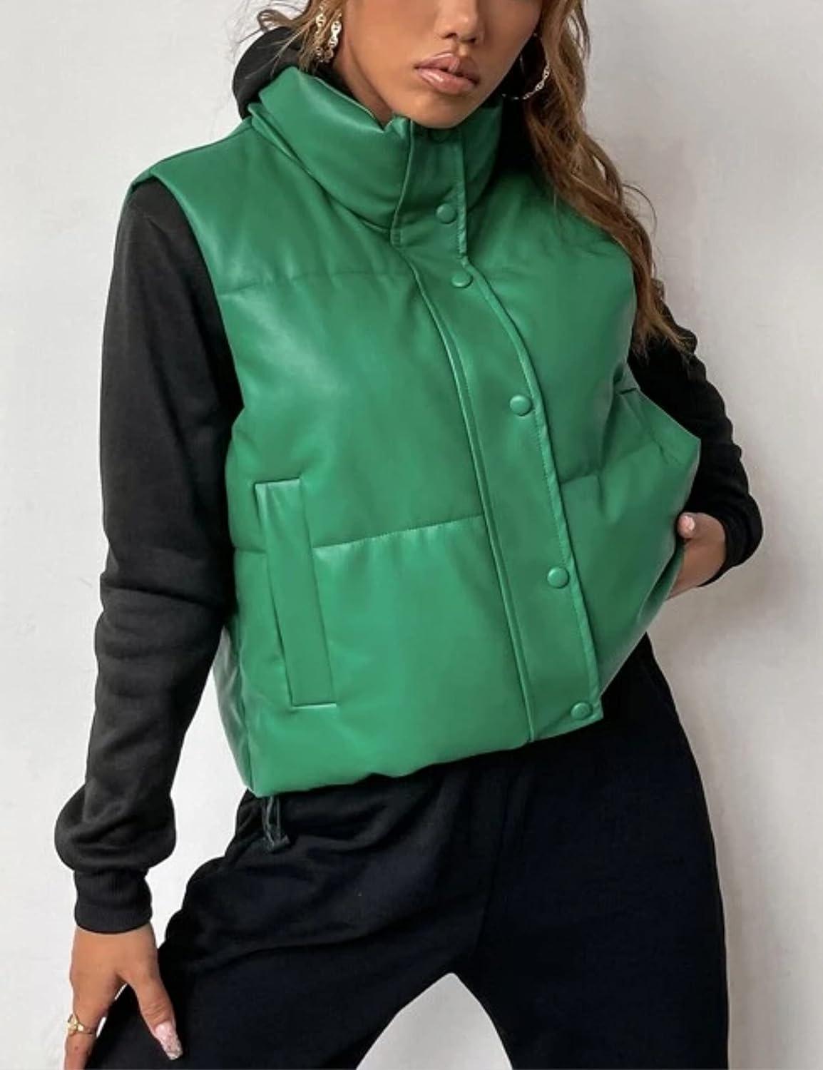 imageYidarer Womens Faux Leather Puffer Vest ZipUp Stand Collar Quilted Sleeveless Jacket Casual Fall Winter OuterwearGreen