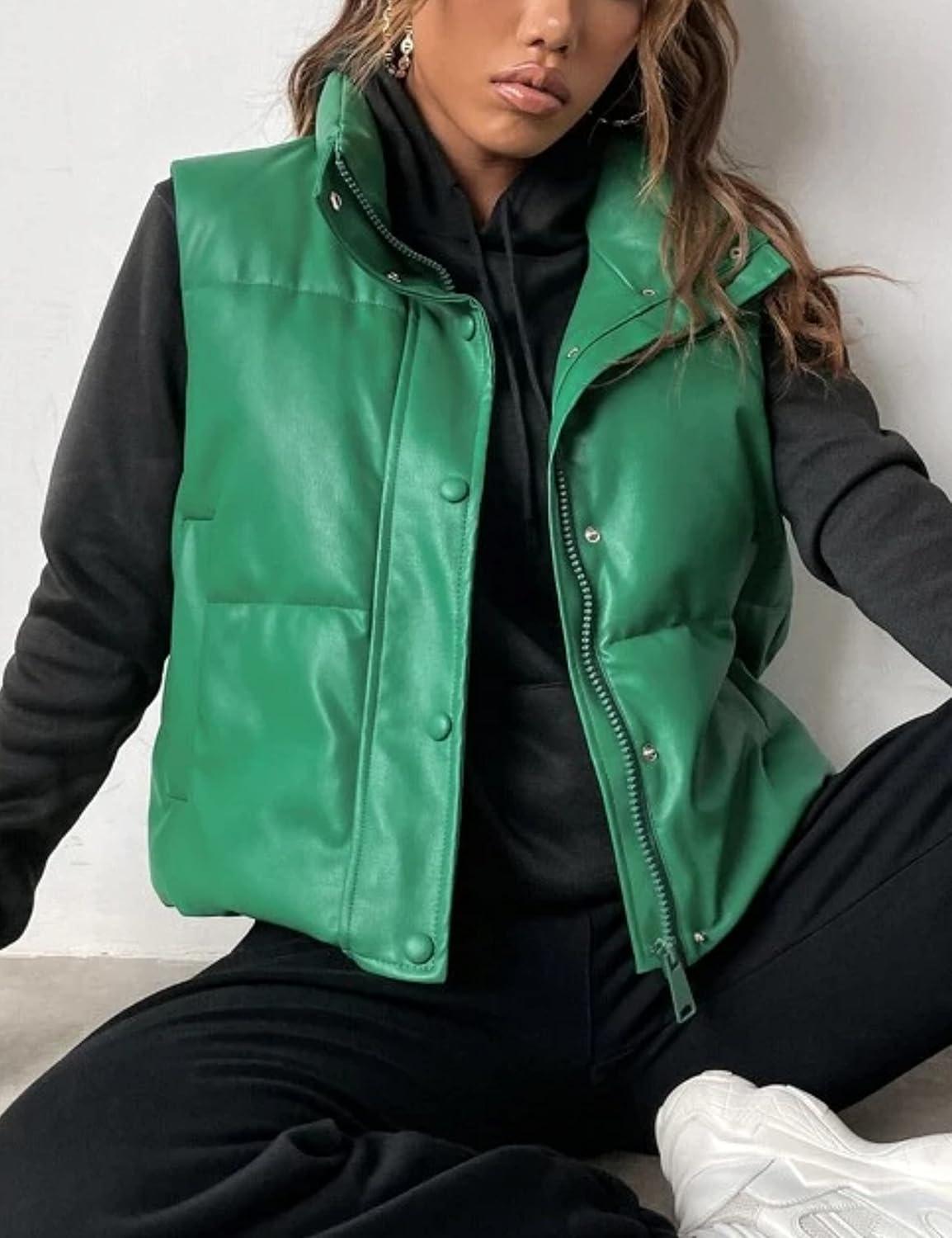 imageYidarer Womens Faux Leather Puffer Vest ZipUp Stand Collar Quilted Sleeveless Jacket Casual Fall Winter OuterwearGreen
