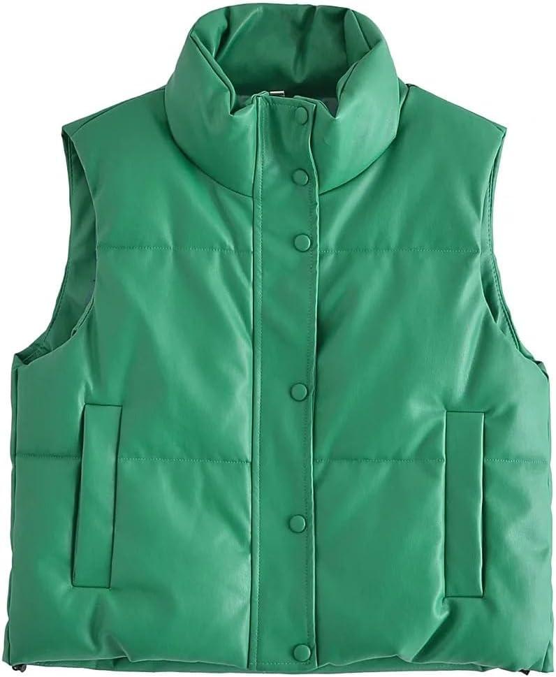 imageYidarer Womens Faux Leather Puffer Vest ZipUp Stand Collar Quilted Sleeveless Jacket Casual Fall Winter OuterwearGreen