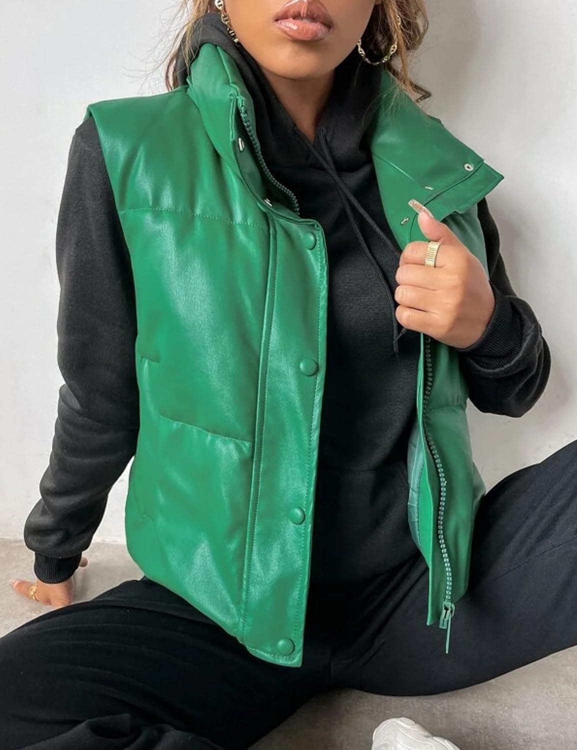 imageYidarer Womens Faux Leather Puffer Vest ZipUp Stand Collar Quilted Sleeveless Jacket Casual Fall Winter OuterwearGreen
