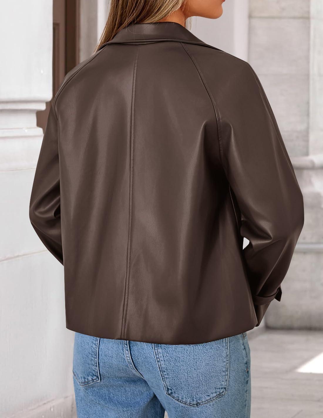imageZESICA Womens Faux Leather Jackets Oversized Fall Fashion Button Motorcycle Coats Outwear 2026 Winter Outfits ClothesBrown