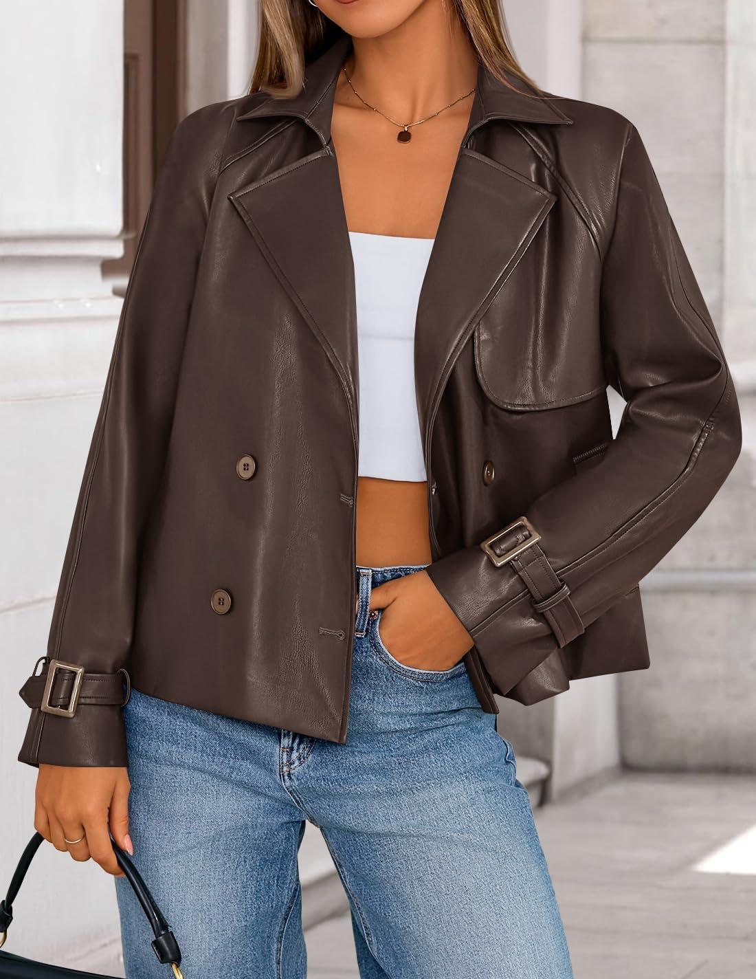 imageZESICA Womens Faux Leather Jackets Oversized Fall Fashion Button Motorcycle Coats Outwear 2026 Winter Outfits ClothesBrown
