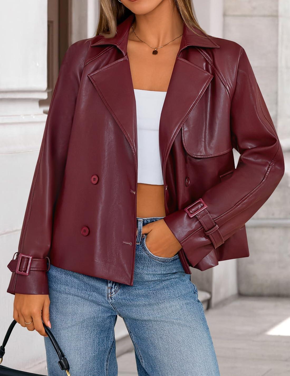 imageZESICA Womens Faux Leather Jackets Oversized Fall Fashion Button Motorcycle Coats Outwear 2026 Winter Outfits ClothesWine