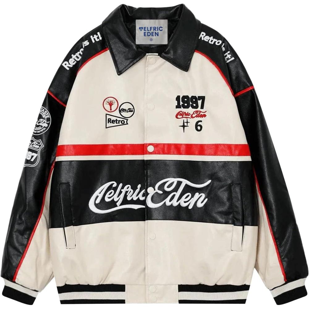 imageAelfric Eden Faux Leather Racing Jacket Oversized Motorcycle Biker Racer Jackets Streetwear UnisexApricot