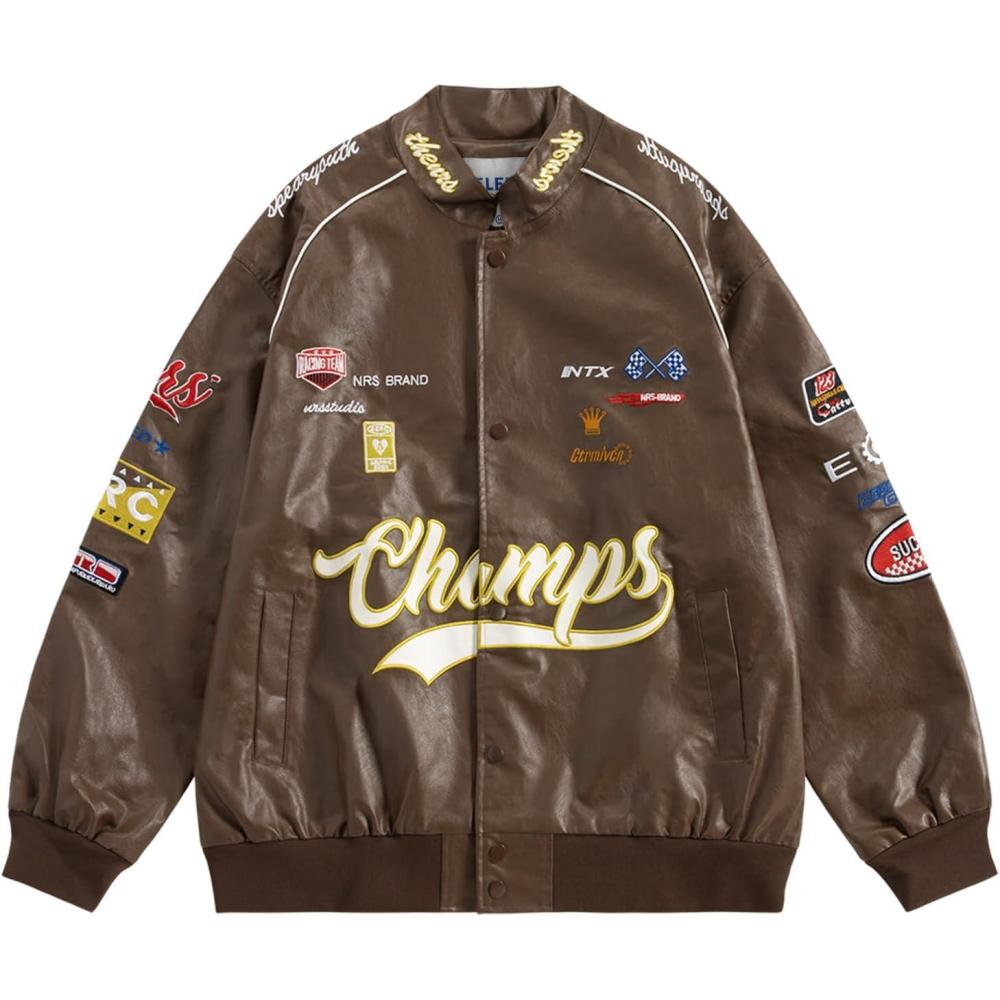 imageAelfric Eden Faux Leather Racing Jacket Oversized Motorcycle Biker Racer Jackets Streetwear UnisexDark Brown