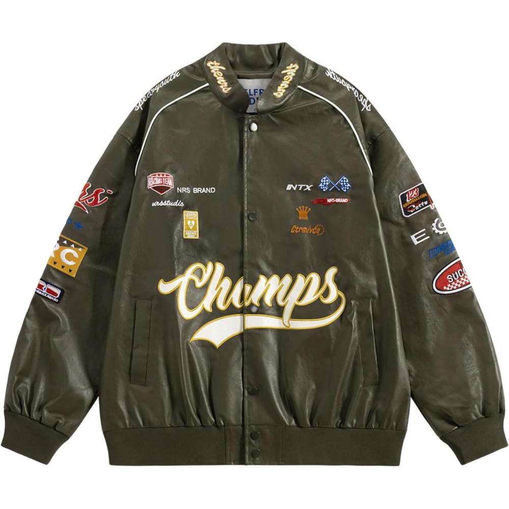 imageAelfric Eden Faux Leather Racing Jacket Oversized Motorcycle Biker Racer Jackets Streetwear UnisexGreen