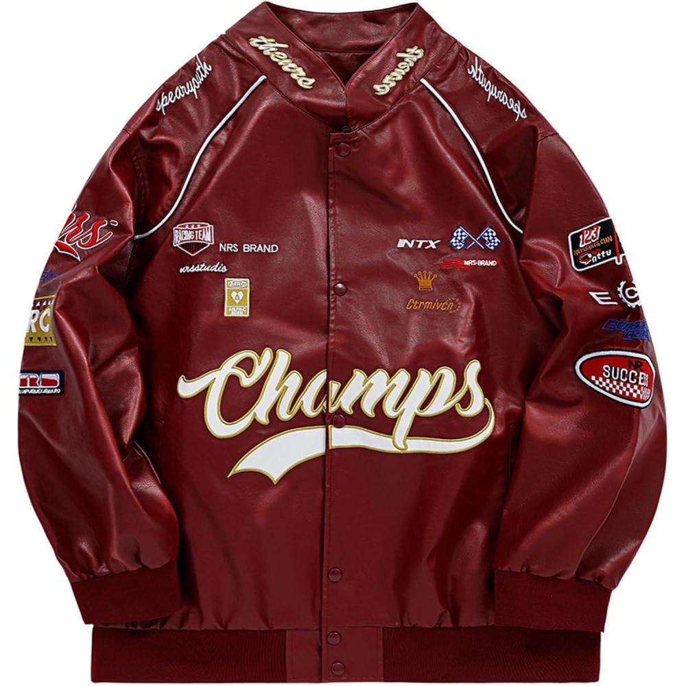 imageAelfric Eden Faux Leather Racing Jacket Oversized Motorcycle Biker Racer Jackets Streetwear UnisexRed