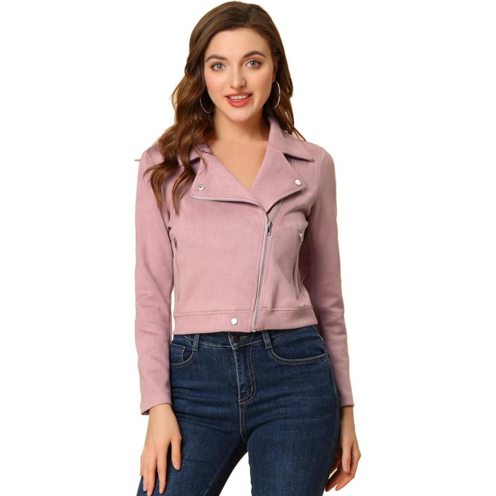 imageAllegra K Womens Short Soft Zip Up Faux Suede Biker Moto JacketDusty Pink