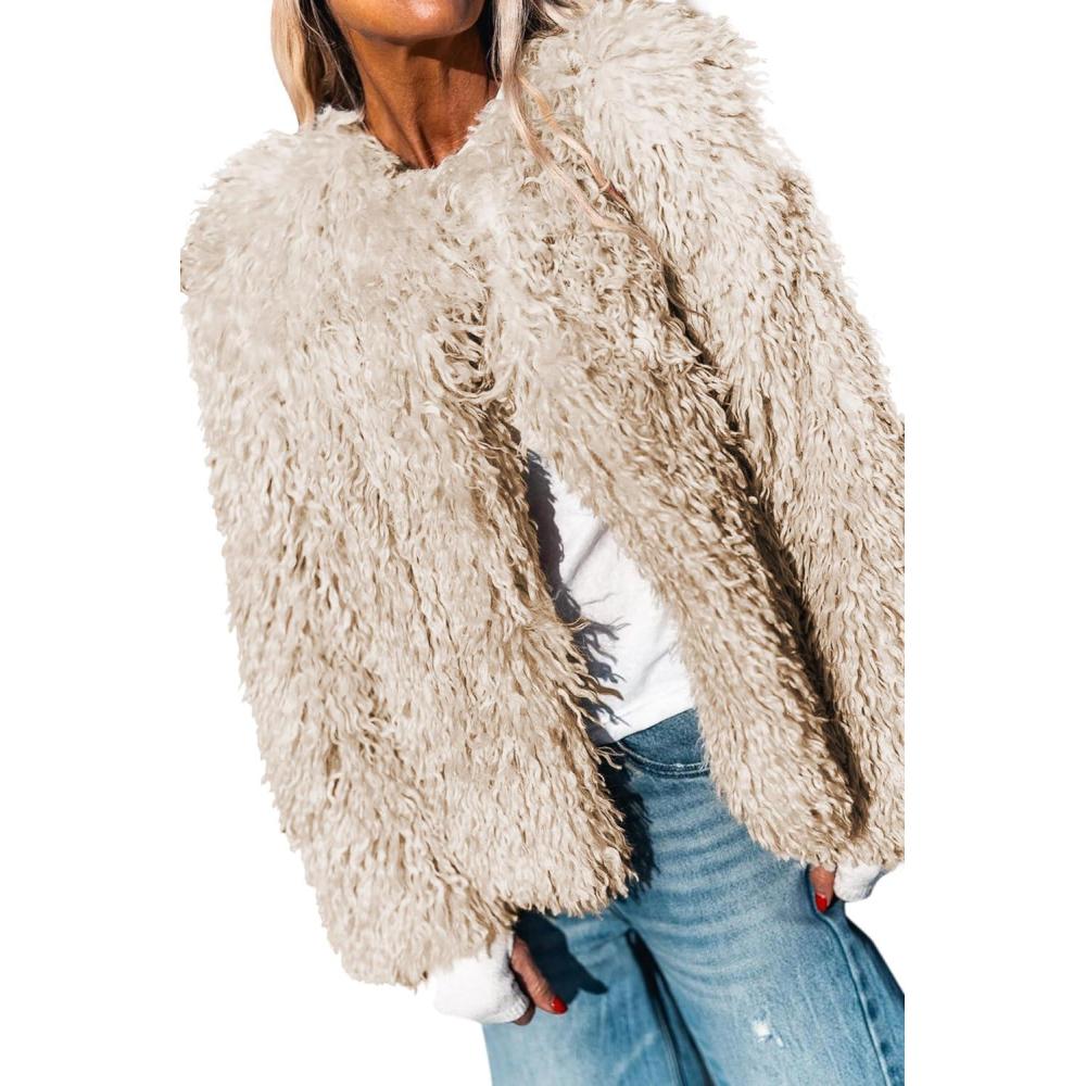 imageAoang Womens 2026 Winter Coats Fleece Cropped Jacket Faux Fur Long Sleeve Shaggy Warm Outerwear Fall ClothesApricot