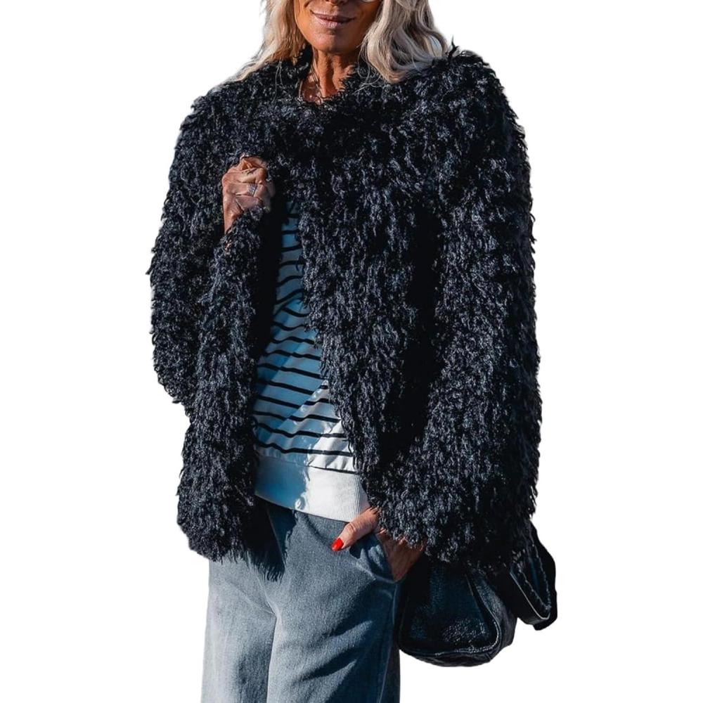 imageAoang Womens 2026 Winter Coats Fleece Cropped Jacket Faux Fur Long Sleeve Shaggy Warm Outerwear Fall ClothesBlack
