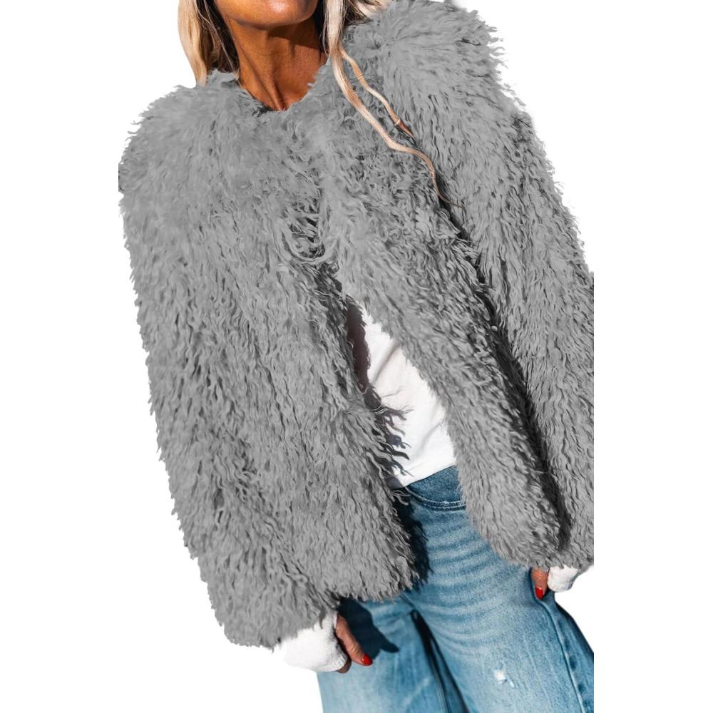 imageAoang Womens 2026 Winter Coats Fleece Cropped Jacket Faux Fur Long Sleeve Shaggy Warm Outerwear Fall ClothesGrey
