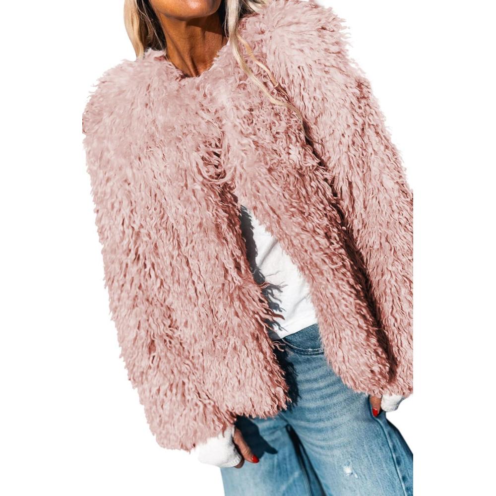 imageAoang Womens 2026 Winter Coats Fleece Cropped Jacket Faux Fur Long Sleeve Shaggy Warm Outerwear Fall ClothesPink