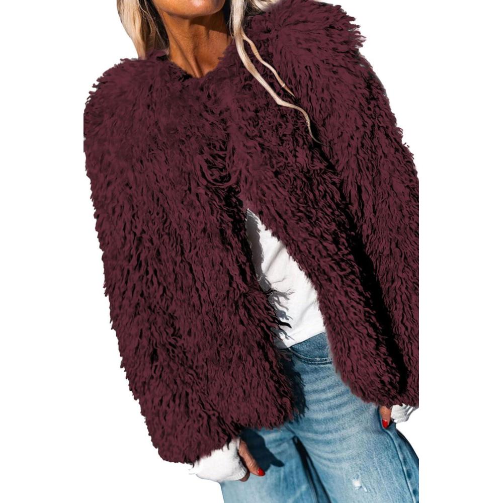 imageAoang Womens 2026 Winter Coats Fleece Cropped Jacket Faux Fur Long Sleeve Shaggy Warm Outerwear Fall ClothesWine Red