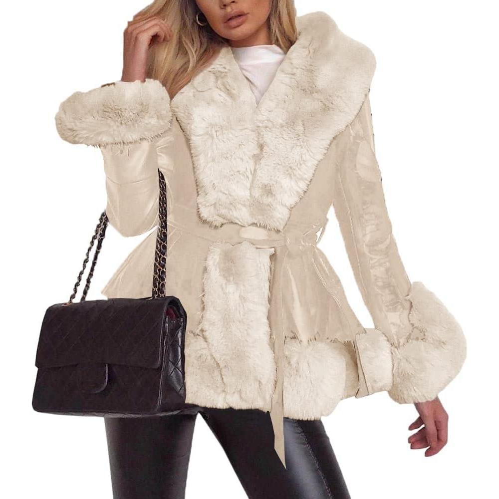 imageAurgelmir Womens Faux Leather Jacket Coat ShortLong Parka Coat with Fur Collar OutwearBeige