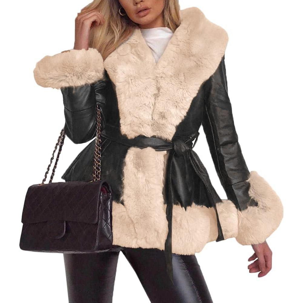imageAurgelmir Womens Faux Leather Jacket Coat ShortLong Parka Coat with Fur Collar OutwearBlack and Khaki