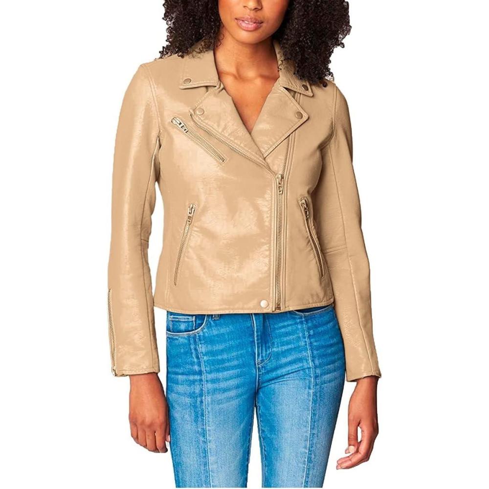 imageBLANKNYC Womens Luxury Clothing Semi Fitted Vegan Leather Motorcycle JacketNatural Light