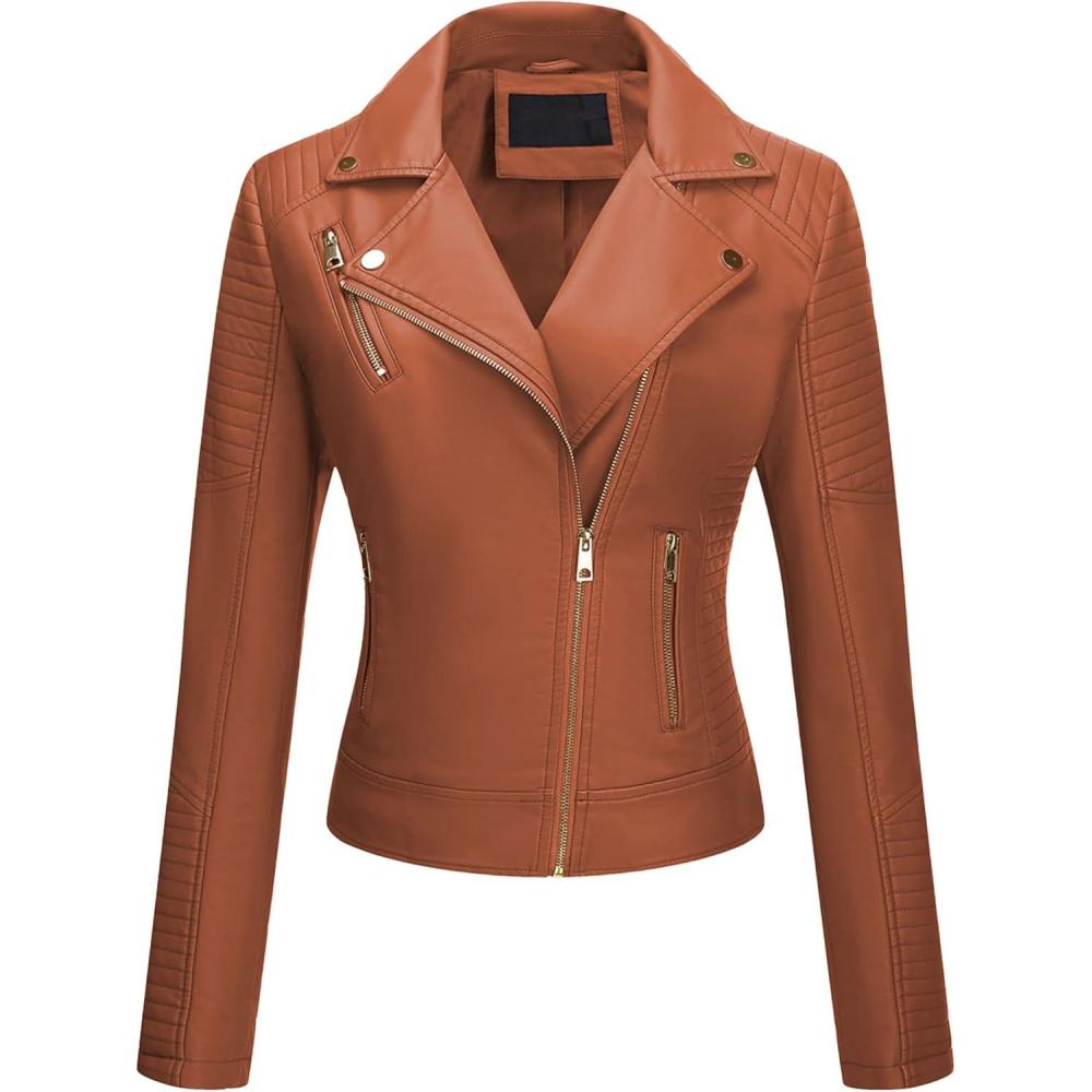 imageBellivera Womens Faux Leather Casual Jacket 2025 Spring Trendy Motorcycle Outfits Lightweight Classic CoatBrown