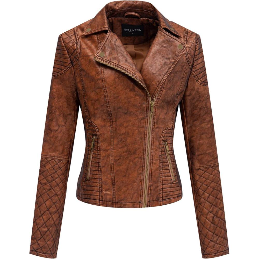 imageBellivera Womens Faux Leather Casual Jacket 2025 Spring Trendy Motorcycle Outfits Lightweight Classic CoatBrown Retro
