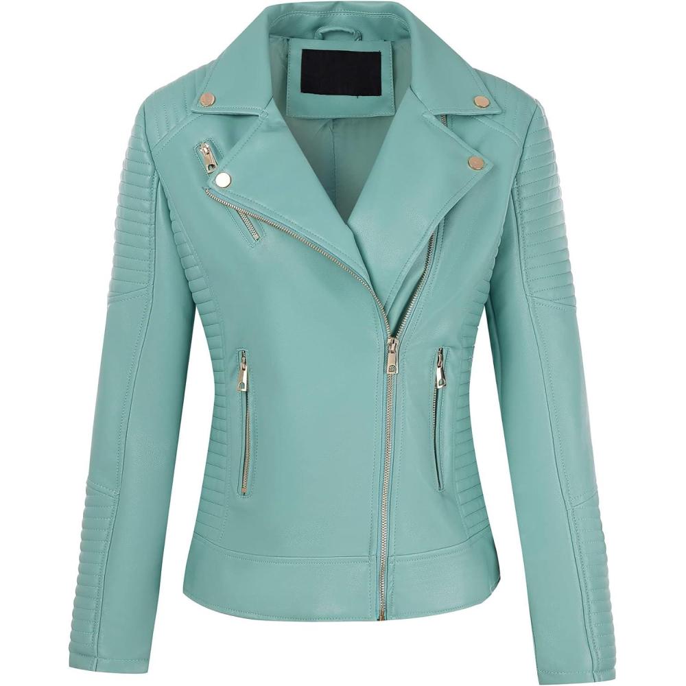 imageBellivera Womens Faux Leather Casual Jacket 2025 Spring Trendy Motorcycle Outfits Lightweight Classic CoatTiffany Blue
