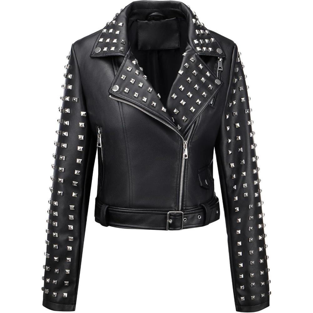 imageBellivera Womens Faux Leather Jacket Studded Rivet Casual Short Moto Biker Stand Collar CoatBlack Studded Jacket