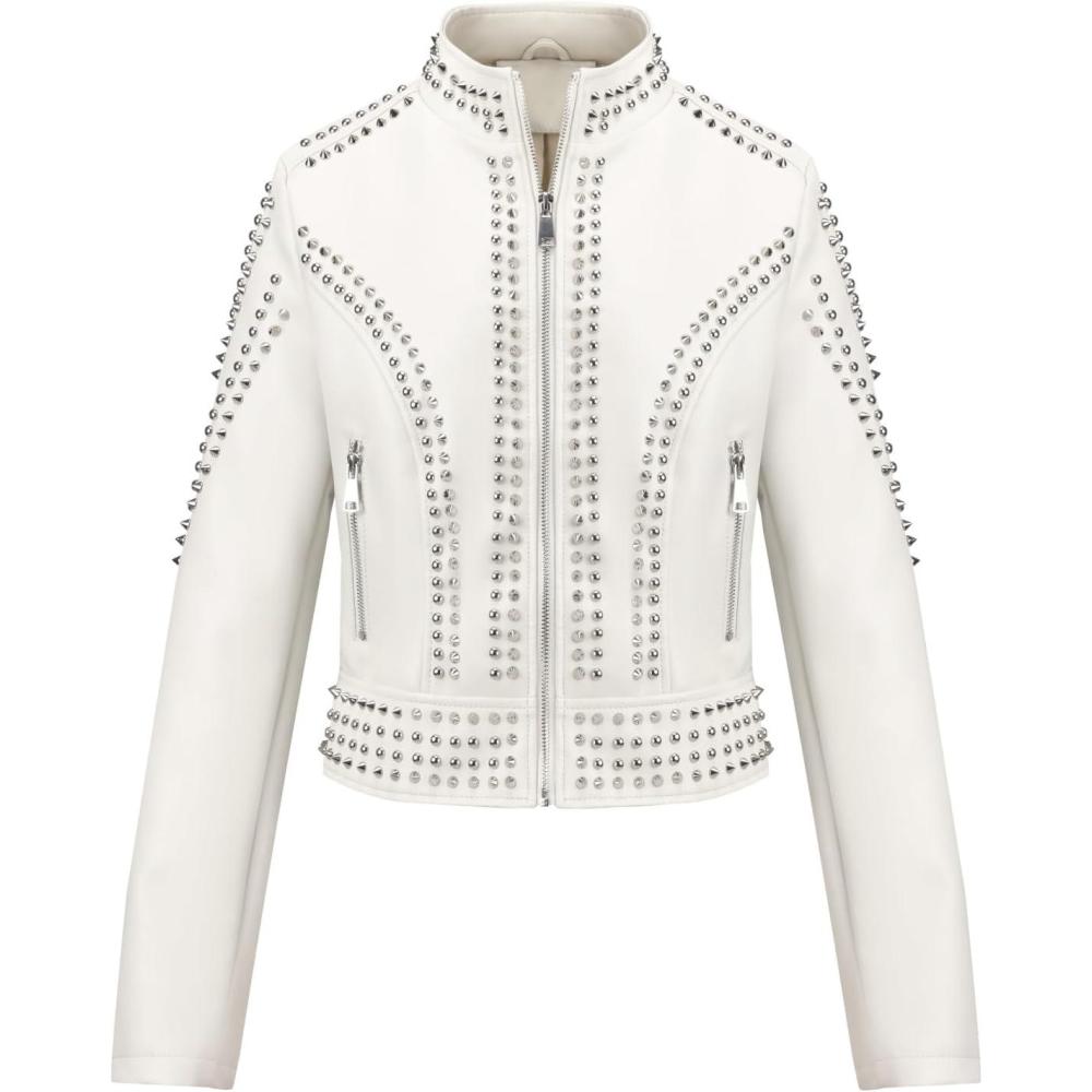 imageBellivera Womens Faux Leather Jacket Studded Rivet Casual Short Moto Biker Stand Collar CoatStand Collar White