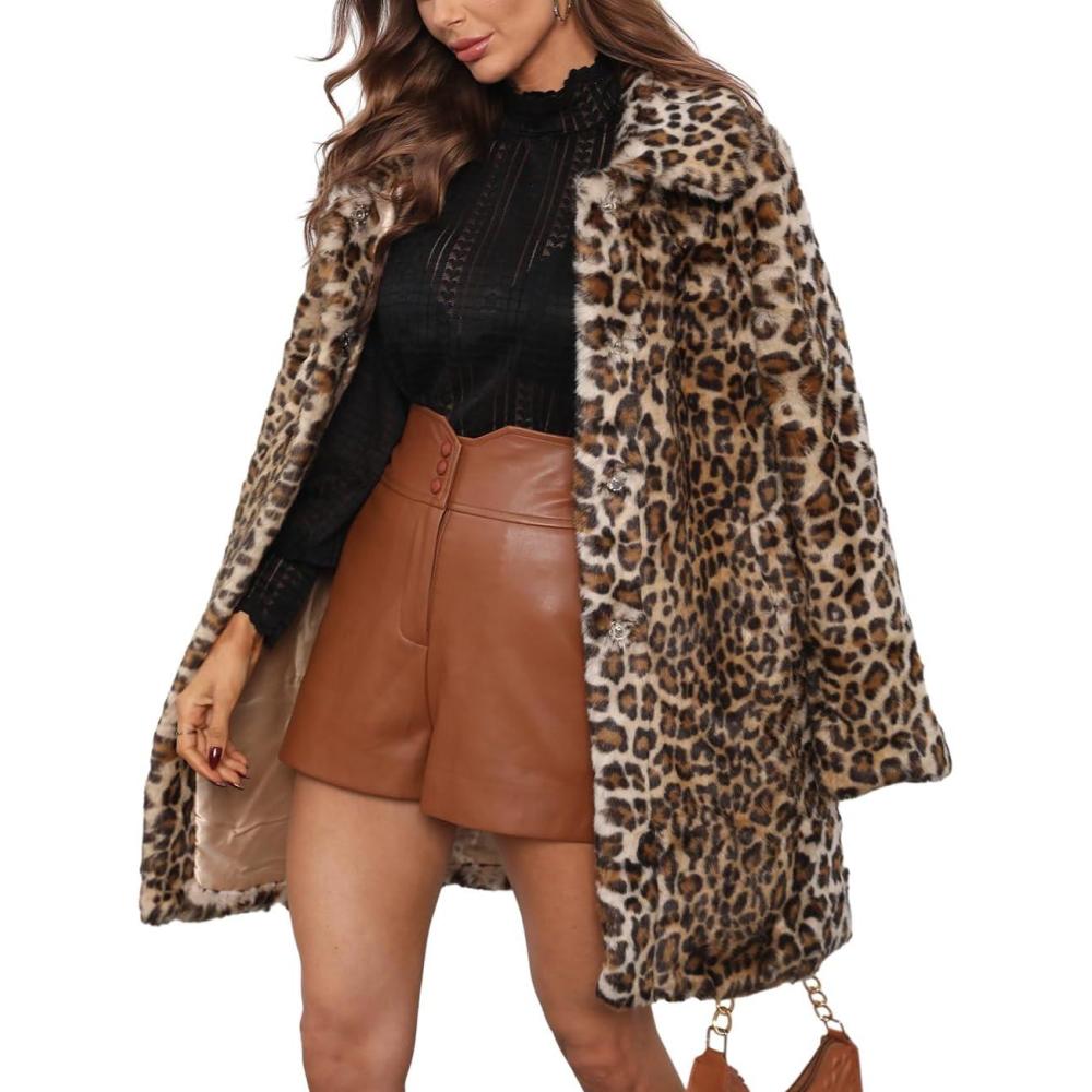 imageBellivera Womens Leopard Print Fleece Coat Spring and Winter Fashion Fuzzy Jacket Faux Fur Fluffy Cardigan OvercoatLeopard