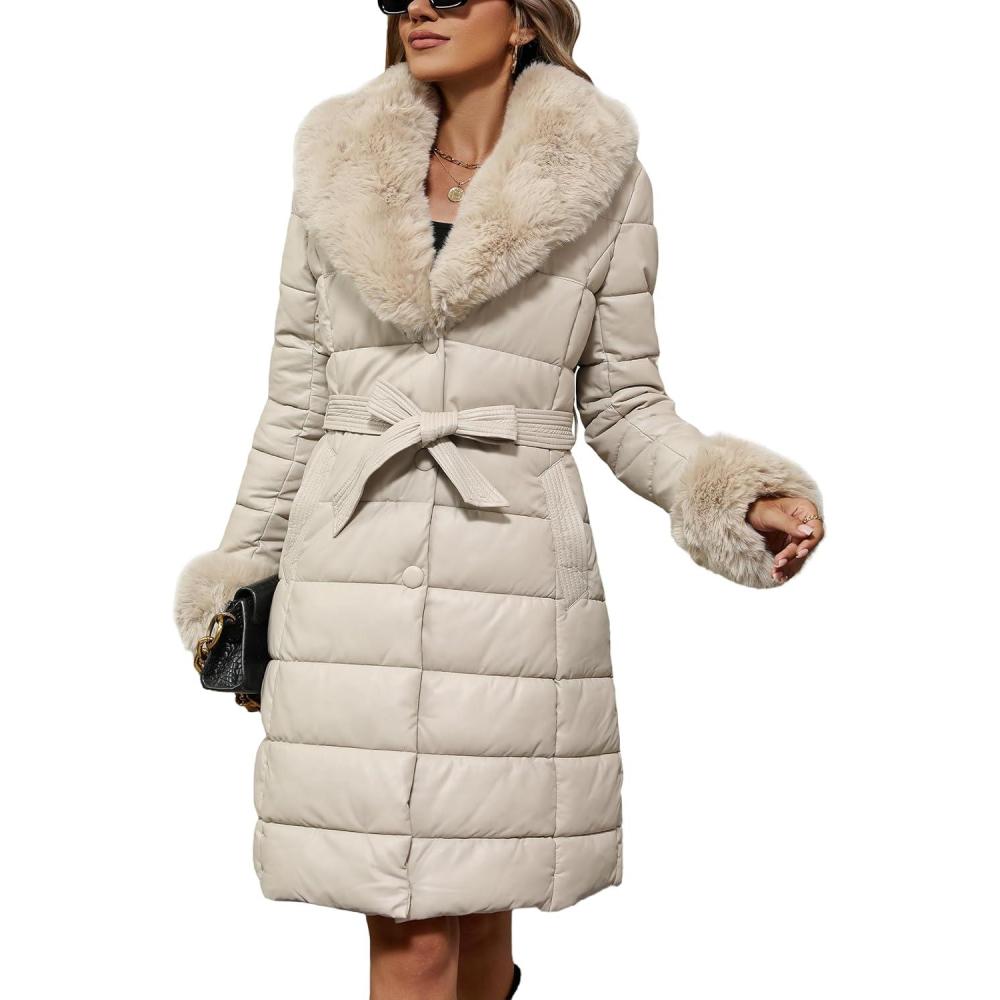 imageBellivera Womens Winter Puffer Jacket ColdResistant Patchwork Plush Lining Coat with Removable Fur Collar Hooded and BeltedBeigegrey13