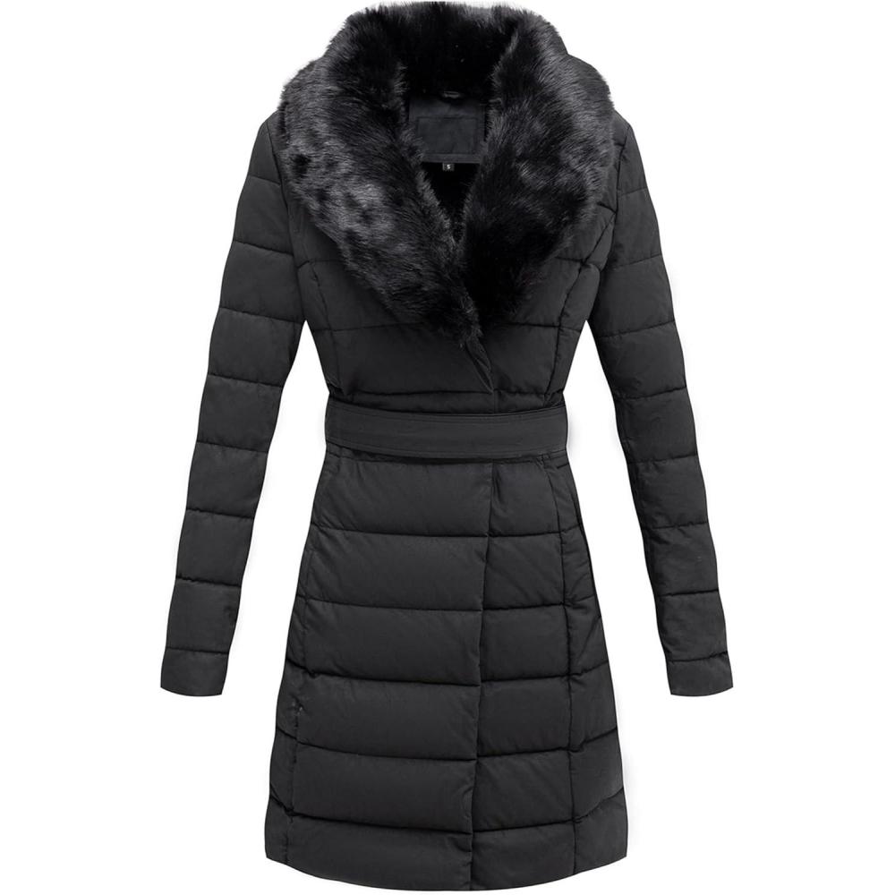 imageBellivera Womens Winter Puffer Jacket ColdResistant Patchwork Plush Lining Coat with Removable Fur Collar Hooded and BeltedBlack