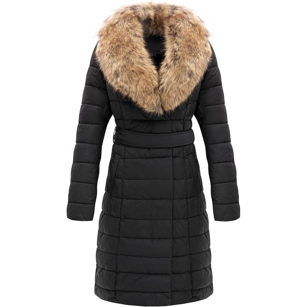 imageBellivera Womens Winter Puffer Jacket ColdResistant Patchwork Plush Lining Coat with Removable Fur Collar Hooded and BeltedBlack Yellow