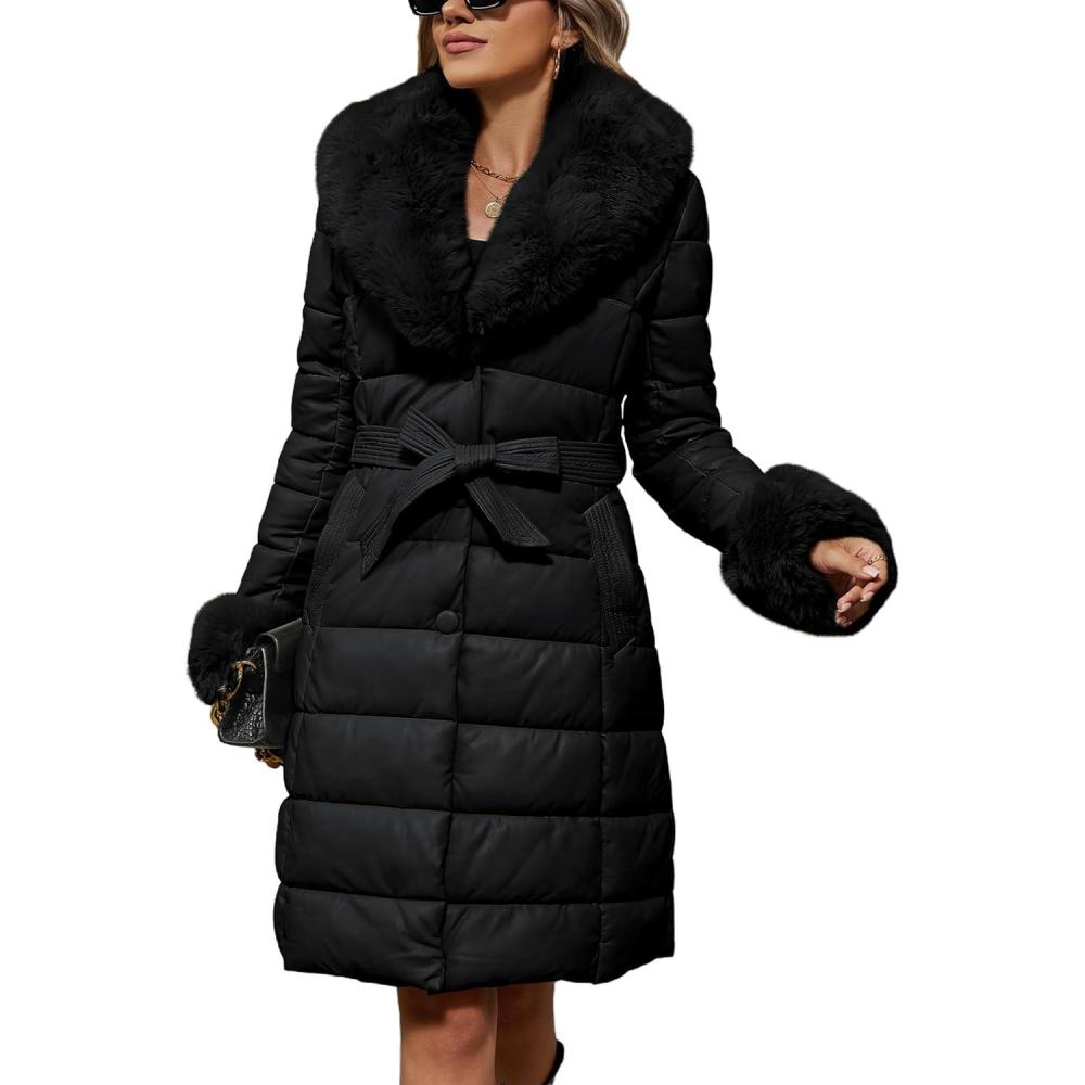 imageBellivera Womens Winter Puffer Jacket ColdResistant Patchwork Plush Lining Coat with Removable Fur Collar Hooded and BeltedBlack13