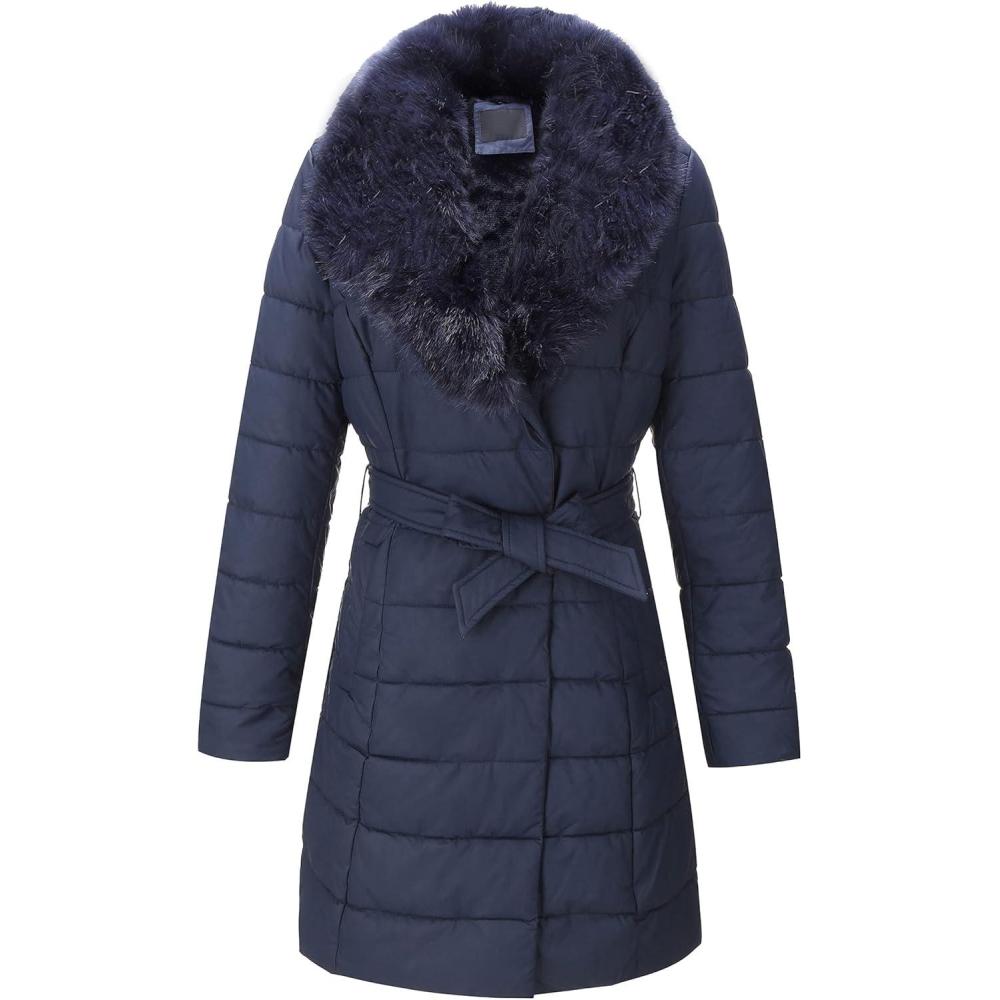 imageBellivera Womens Winter Puffer Jacket ColdResistant Patchwork Plush Lining Coat with Removable Fur Collar Hooded and BeltedBlue