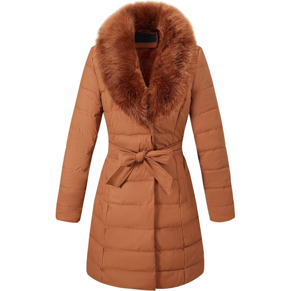 imageBellivera Womens Winter Puffer Jacket ColdResistant Patchwork Plush Lining Coat with Removable Fur Collar Hooded and BeltedCamel