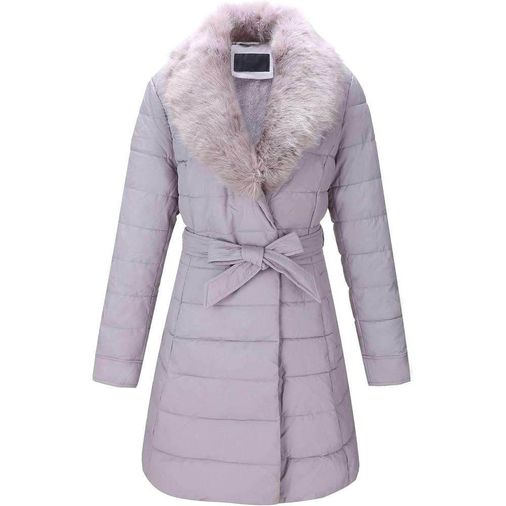 imageBellivera Womens Winter Puffer Jacket ColdResistant Patchwork Plush Lining Coat with Removable Fur Collar Hooded and BeltedGray