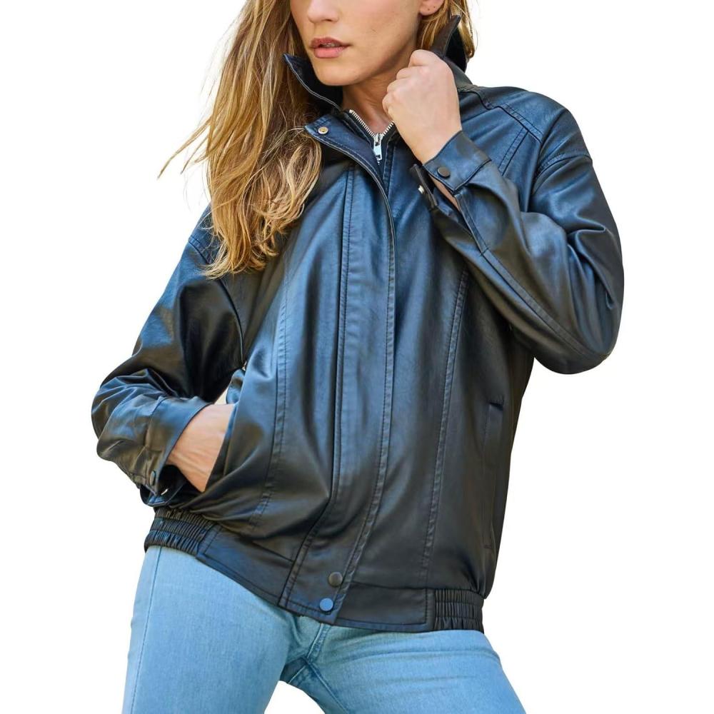 imageBello Vita Womens Plus Oversized Faux Leather Bomber Jacket Street Style Casual Zip Up Coat Size Runs LargerBlack