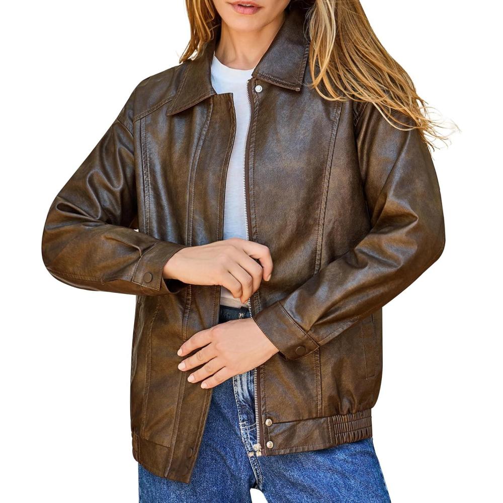 imageBello Vita Womens Plus Oversized Faux Leather Bomber Jacket Street Style Casual Zip Up Coat Size Runs LargerDark Brown