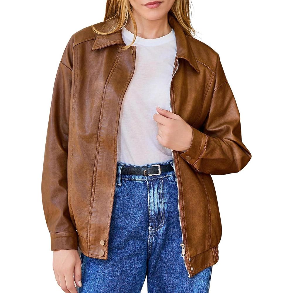 imageBello Vita Womens Plus Oversized Faux Leather Bomber Jacket Street Style Casual Zip Up Coat Size Runs LargerLight Brown
