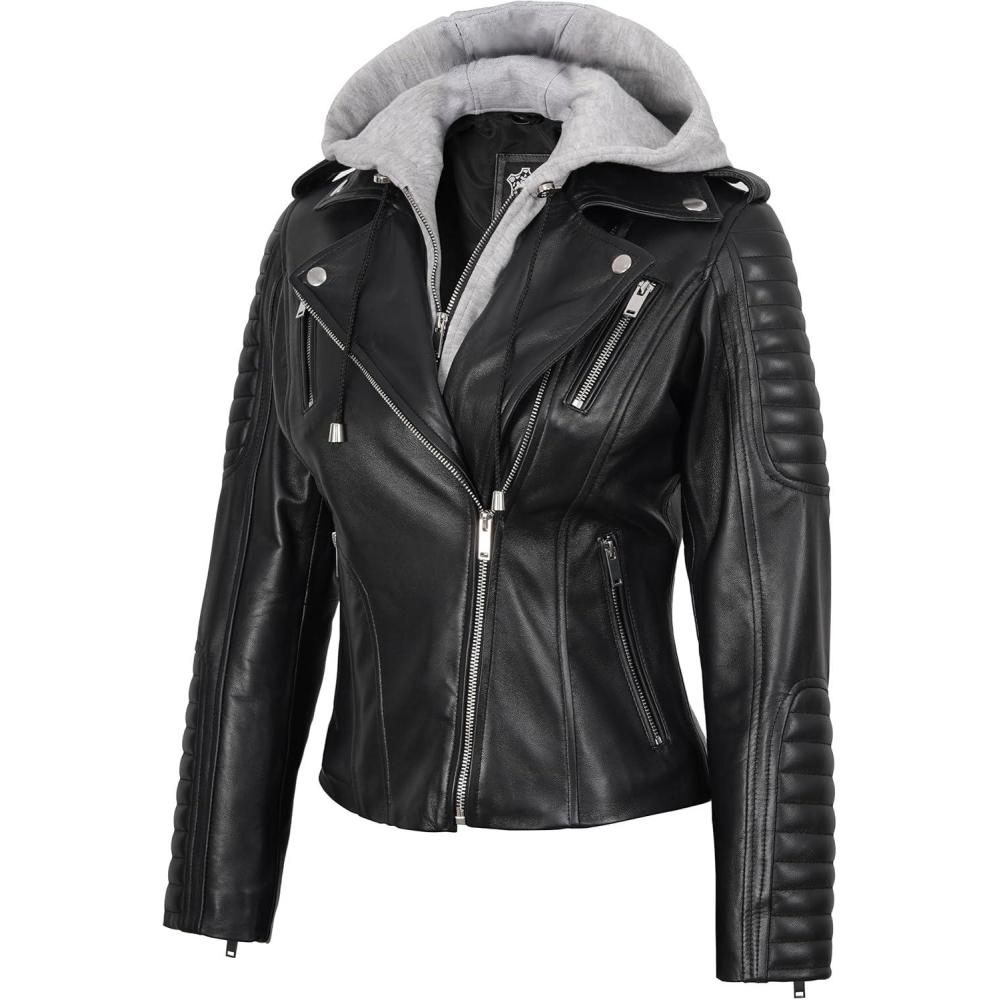 imageBlingsoul Leather Jacket Women Real Lambskin Womens Leather Jackets With Detachable HoodBagheria Black Jacket