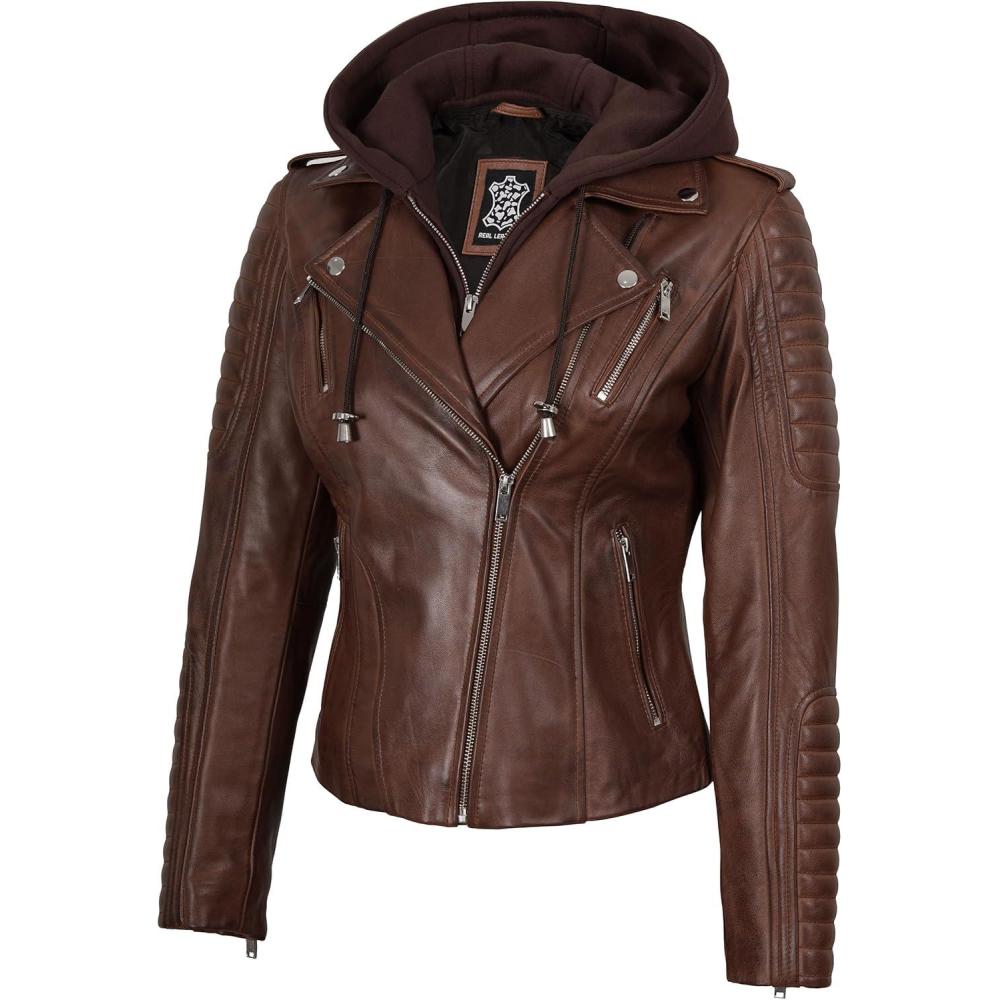 imageBlingsoul Leather Jacket Women Real Lambskin Womens Leather Jackets With Detachable HoodBagheria Cognac Jacket