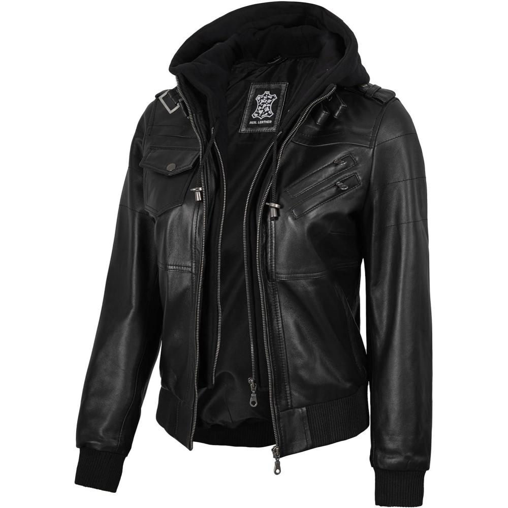 imageBlingsoul Leather Jacket Women Real Lambskin Womens Leather Jackets With Detachable HoodEdinburgh Black Jacket