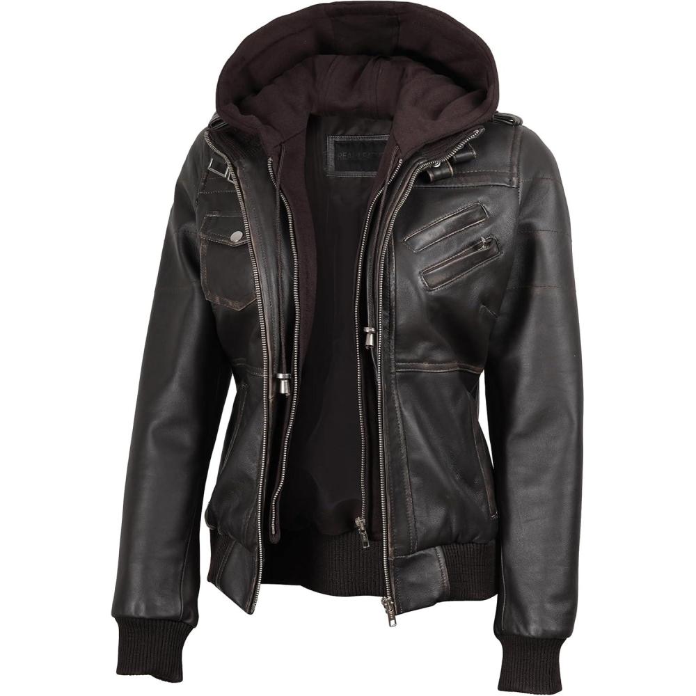 imageBlingsoul Leather Jacket Women Real Lambskin Womens Leather Jackets With Detachable HoodEdinburgh Dark Brown Jacket