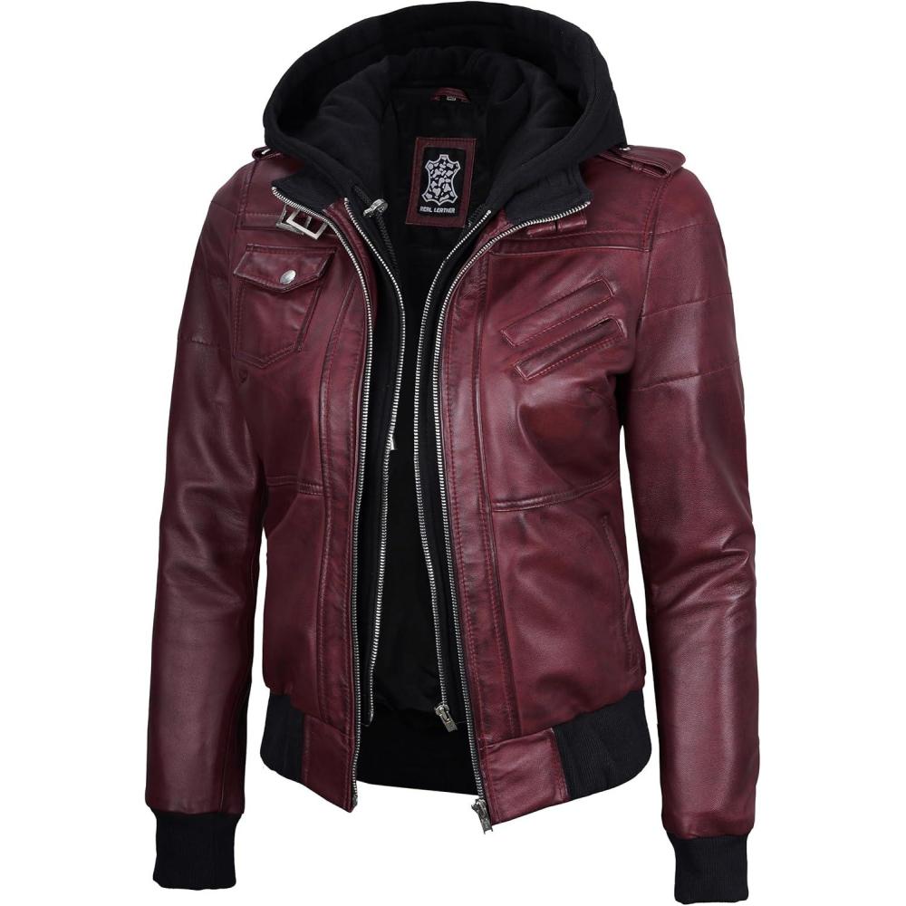 imageBlingsoul Leather Jacket Women Real Lambskin Womens Leather Jackets With Detachable HoodEdinburgh Maroon Jacket