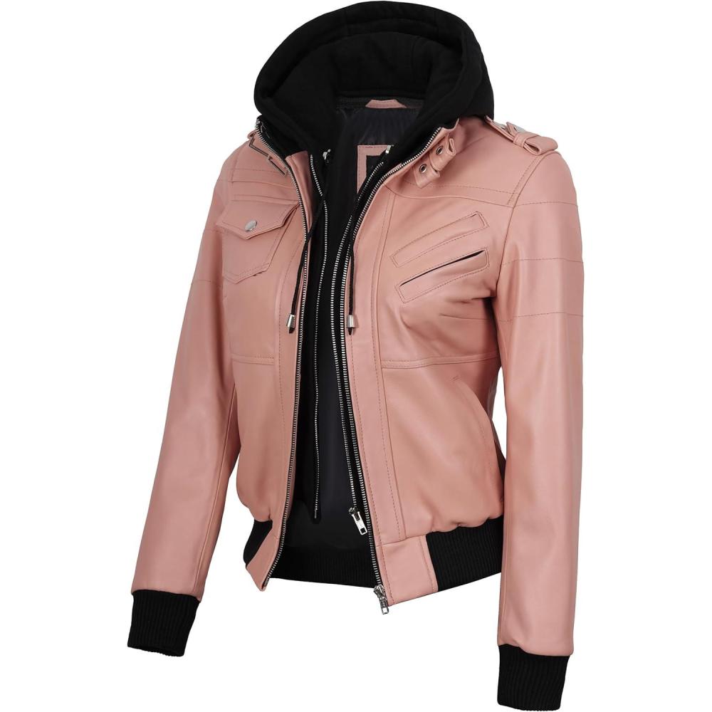 imageBlingsoul Leather Jacket Women Real Lambskin Womens Leather Jackets With Detachable HoodEdinburgh Pink Jacket