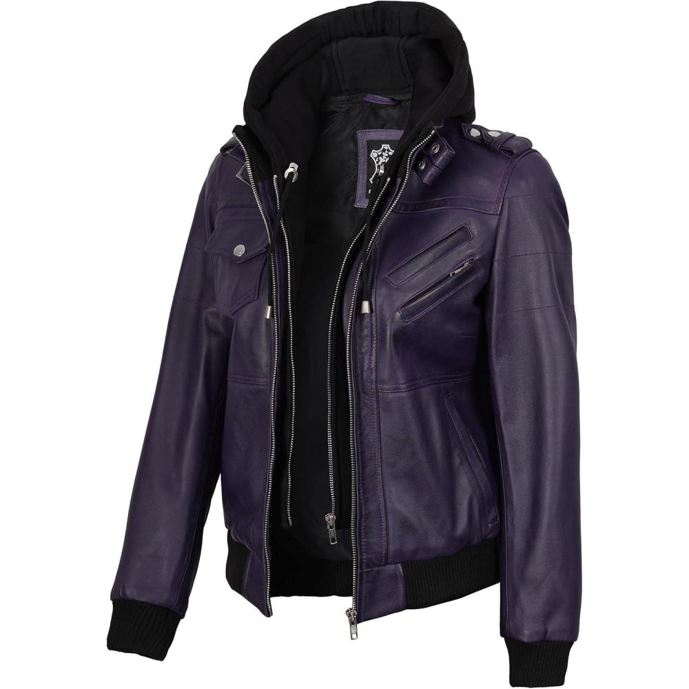imageBlingsoul Leather Jacket Women Real Lambskin Womens Leather Jackets With Detachable HoodEdinburgh Purple Hood Jacket