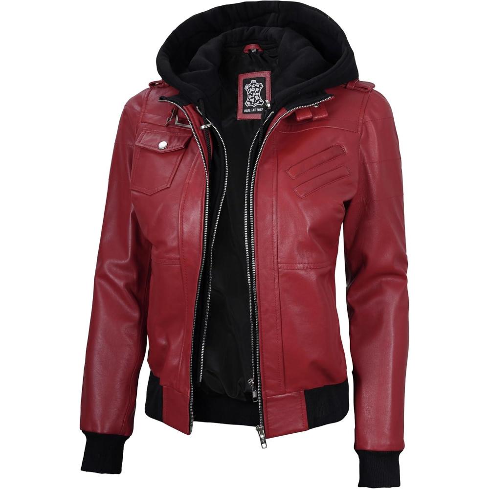 imageBlingsoul Leather Jacket Women Real Lambskin Womens Leather Jackets With Detachable HoodEdinburgh Red Jacket