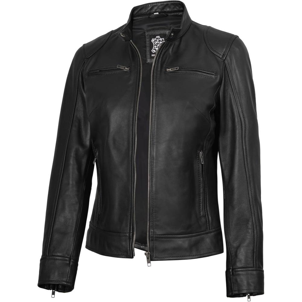 imageBlingsoul Real Leather Jacket Women Cafe Racer Style Womens Leather JacketsDodge Black Jacket