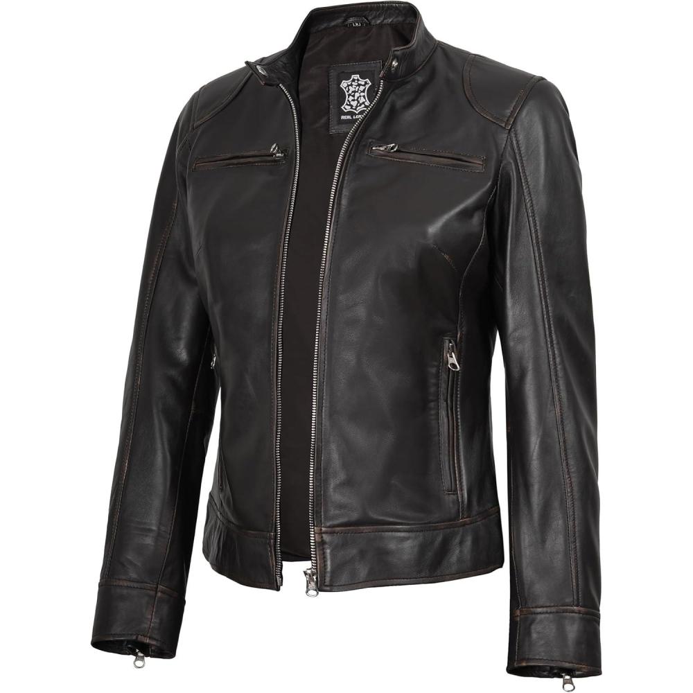 imageBlingsoul Real Leather Jacket Women Cafe Racer Style Womens Leather JacketsDodge Ruboff Jacket