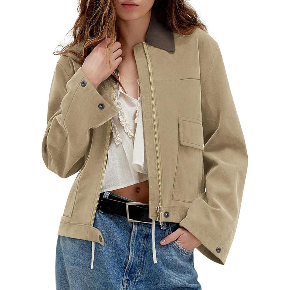 imageCOCCKO Womens Faux Suede Cropped Jacket Casual Zip Up Jackets Contrast Collar Fleece Winter Coats Outerwear with PocketsKhaki