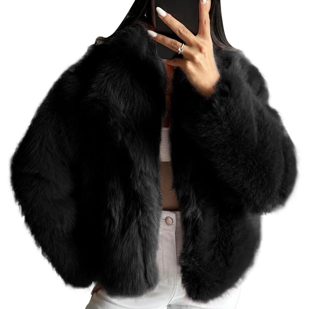 imageCOZYPOIN Womens Faux Fur Jacket Fluffy Fur Coat Cropped Long Sleeve Lapel Button Down Fuzzy Winter OuterwearBlack