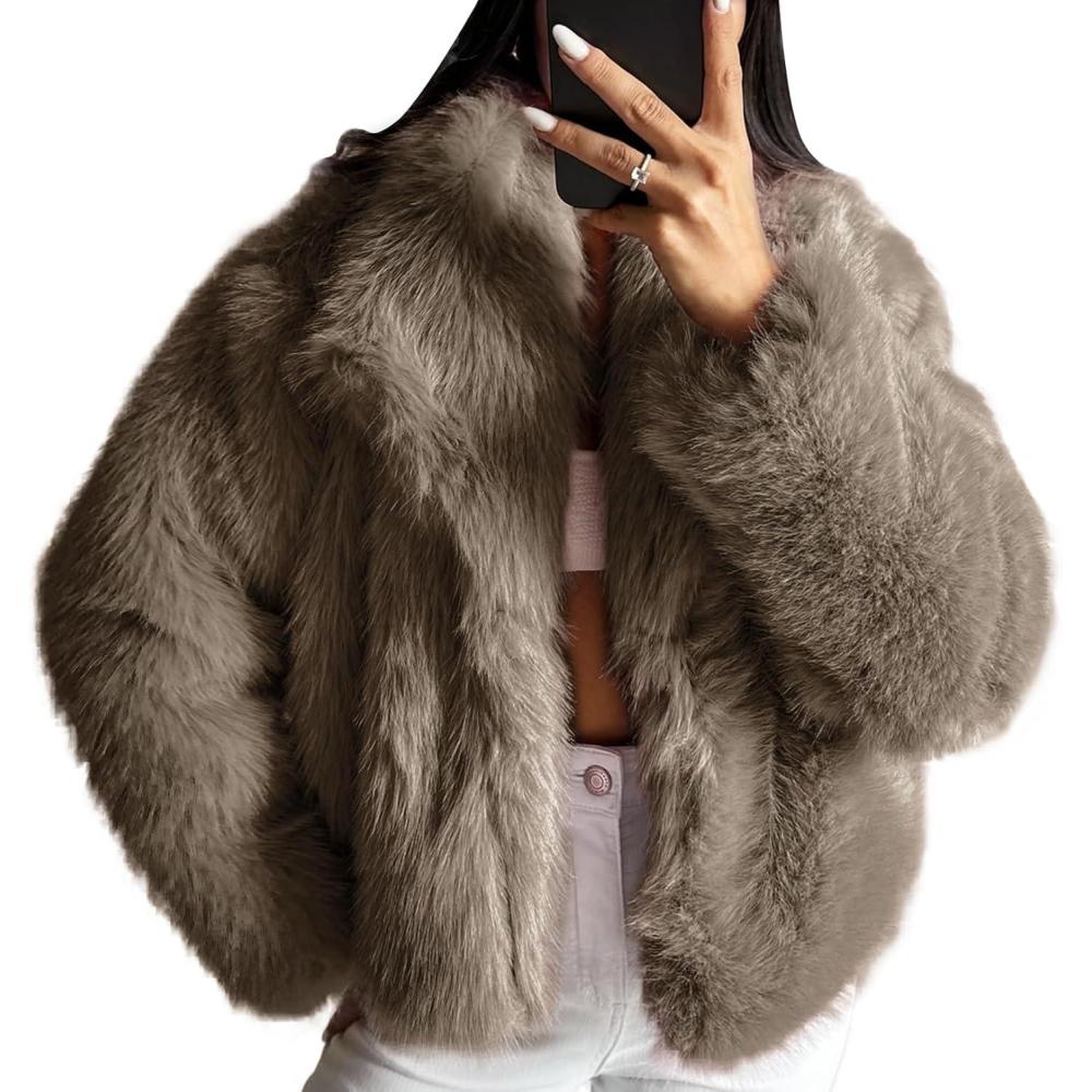 imageCOZYPOIN Womens Faux Fur Jacket Fluffy Fur Coat Cropped Long Sleeve Lapel Button Down Fuzzy Winter OuterwearLightbrown
