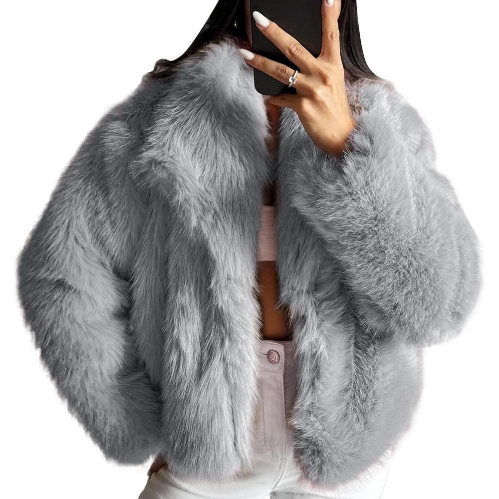 imageCOZYPOIN Womens Faux Fur Jacket Fluffy Fur Coat Cropped Long Sleeve Lapel Button Down Fuzzy Winter OuterwearLightgrey